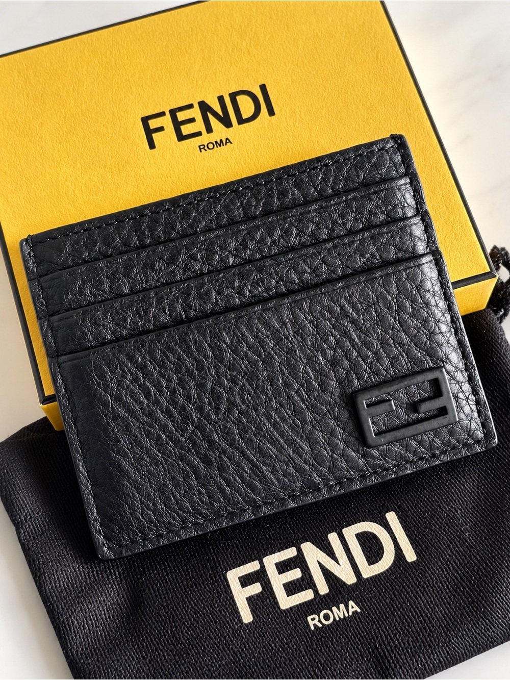FENDI Black Grained Leather FF Logo Baguette Card Holder Wallet w/ Dust Bag Box